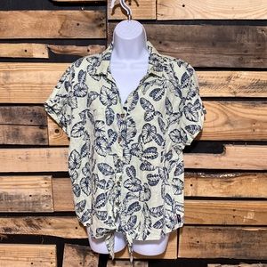 Margaritaville Linen Women's Palm Print Tie Party Shirt Size XL In Seafoam